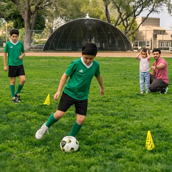A father watches on as his son plays soccer.